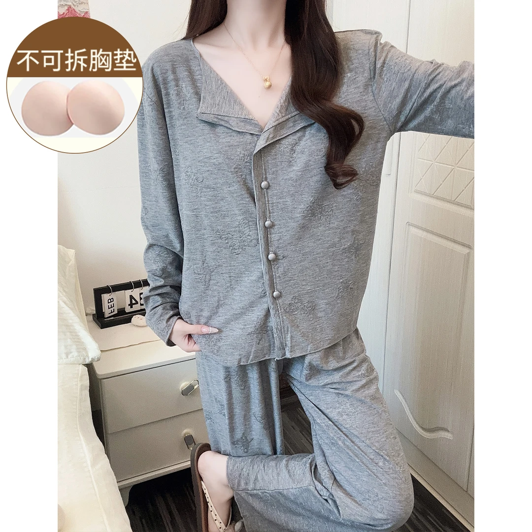 带胸垫一体式睡衣女春秋季长袖休闲风少女可外穿新款家居服套装冬