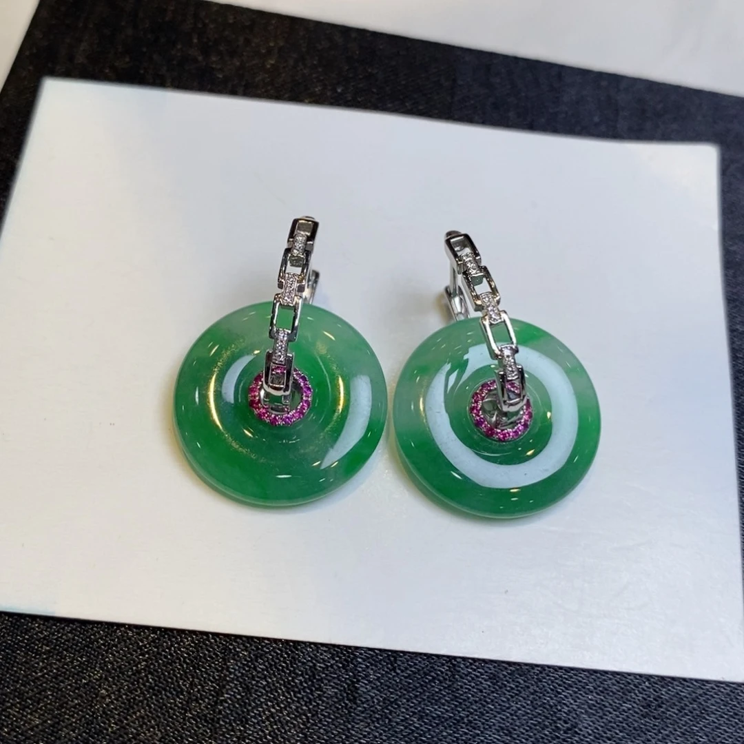 翡翠耳饰18K金镶嵌设计款甜甜圈➕锁链耳包