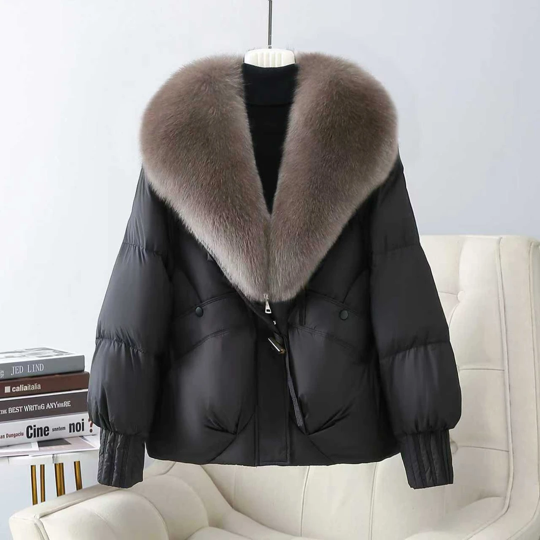 2025新款大毛领皮草白鸭绒女装短款宽松冬季小个子羽绒服加厚外套