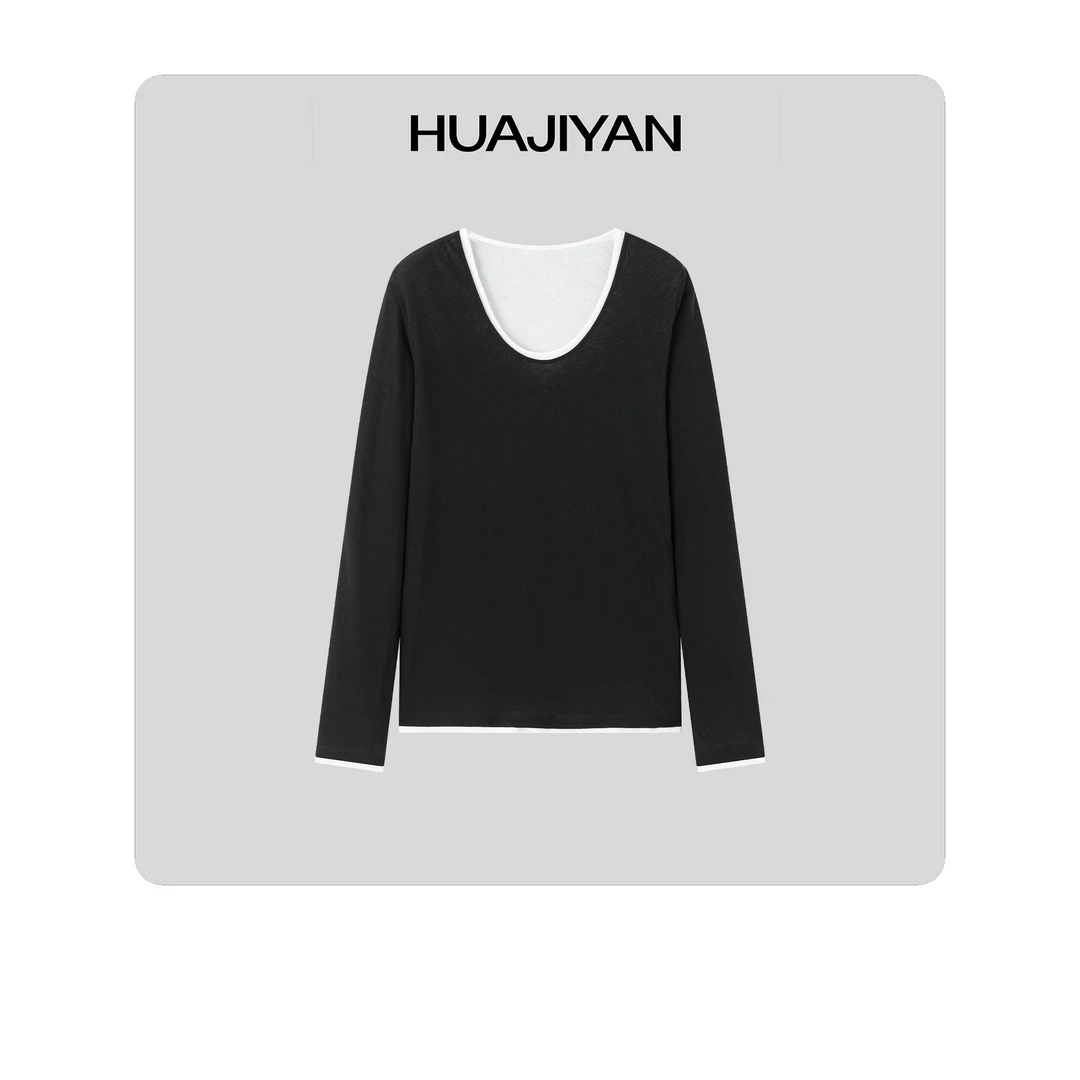 华吉言/HUAJIYAN【胶片】100棉撞色真两件大圆领长袖上衣