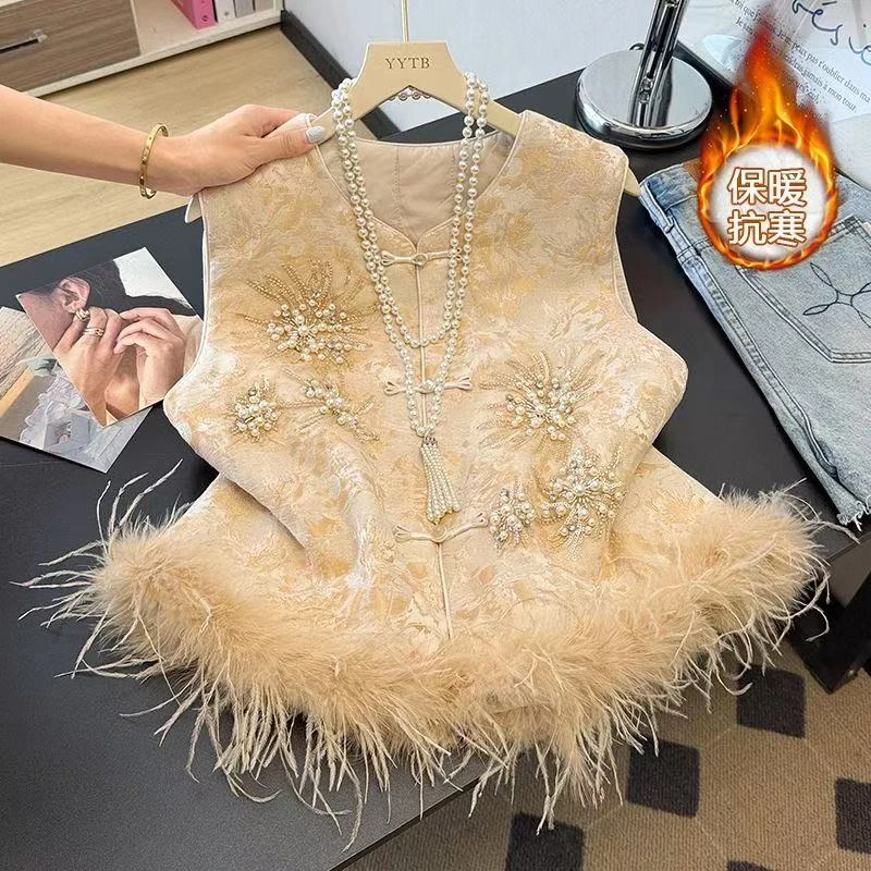 【加棉国风】新中式国风女装新款秋冬季圆领刺绣加棉亮片绣花马甲