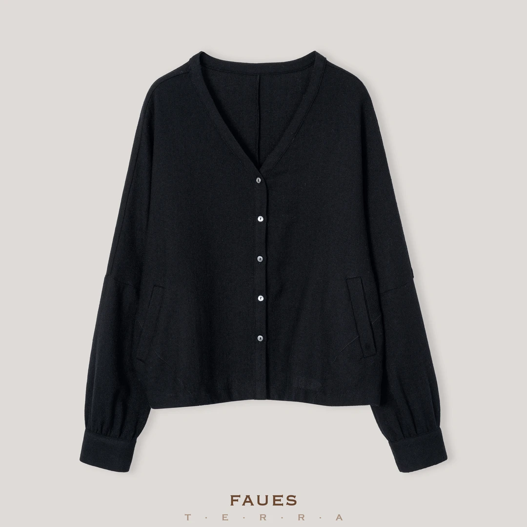 FAUES 拾温 精纺梭织羊毛复古文艺宽松慵懒质感宽松V 领外套衬衫