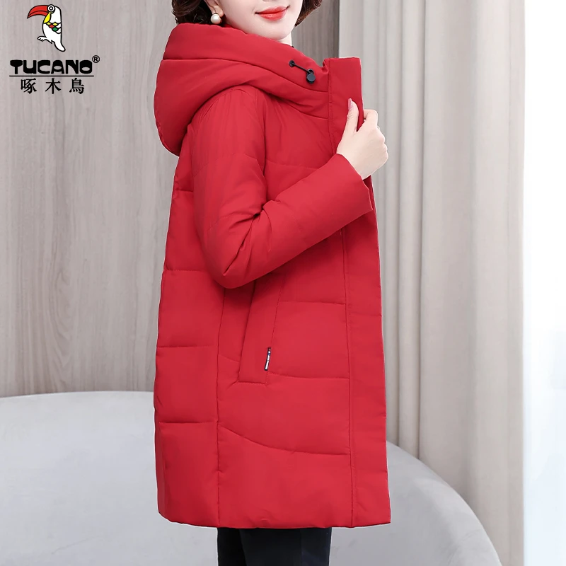 【官方】啄木鸟白鸭绒羽绒服中长款冬季2025新款妈妈装加厚保暖外套