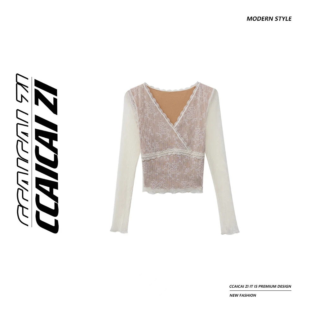 CCA234【娇软芭比】纯欲风V领蕾丝长袖上衣