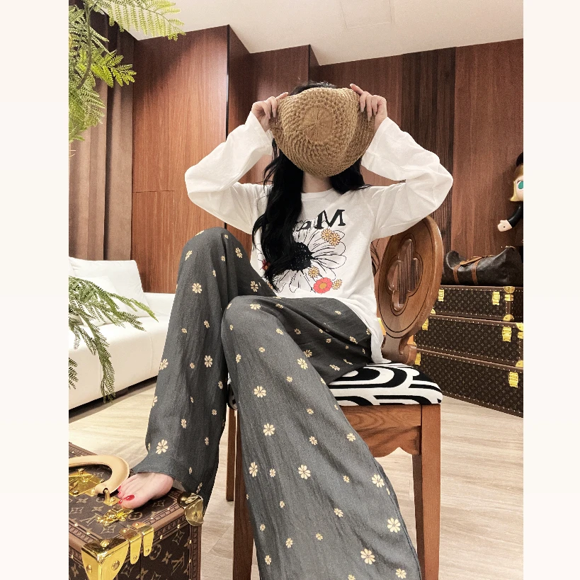 25ss麻料碎花阔腿裤夏季新款小众宽松薄款拖地长裤潮YUNCU-7013