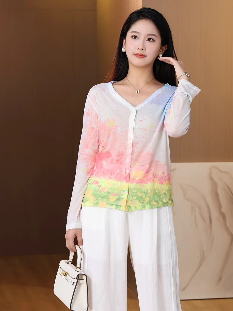 夏季新款2025设计感气质印花开衫女花色长袖轻薄