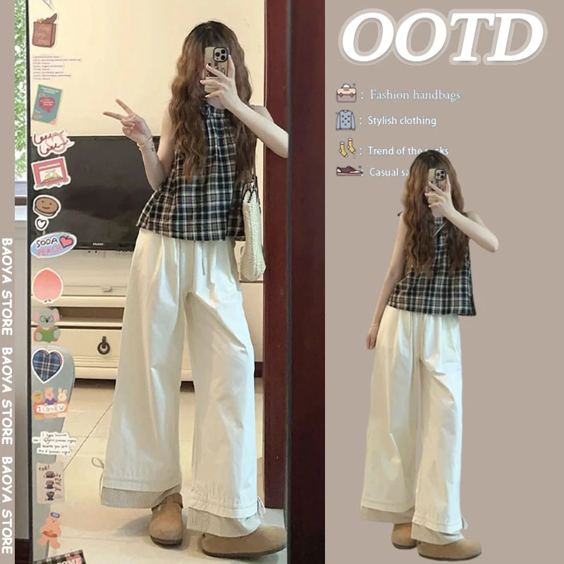 夏季穿搭一整套2025新款韩版露肩挂脖格纹上衣休闲阔腿裤两件套装