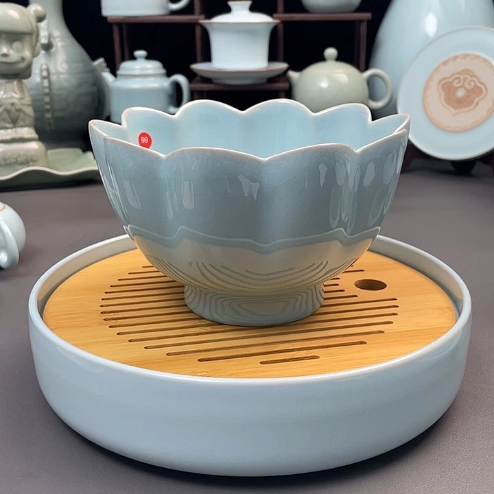 瓷片全手工支钉烧莲花温碗微微瑕