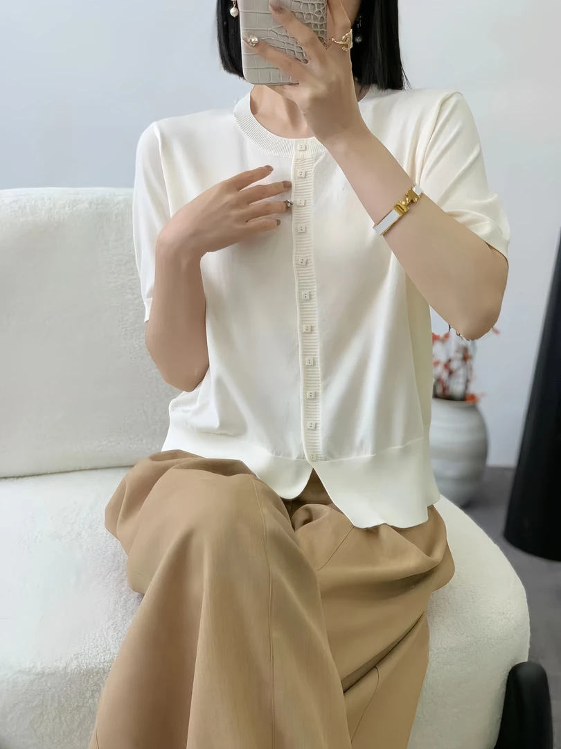 法式开衫衬衫上衣气质白色时尚夏季小众休闲百搭简约宽松纯色圆领