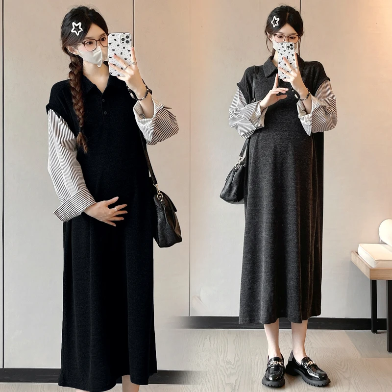 外穿新款洋气孕妇装大码简约假两件中长款设计弹力韩版连衣裙秋装