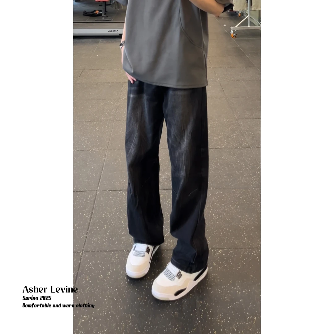 男款竹节闪电纹褶皱微喇牛仔裤美式高街vibe风裤子宽松阔腿直筒裤