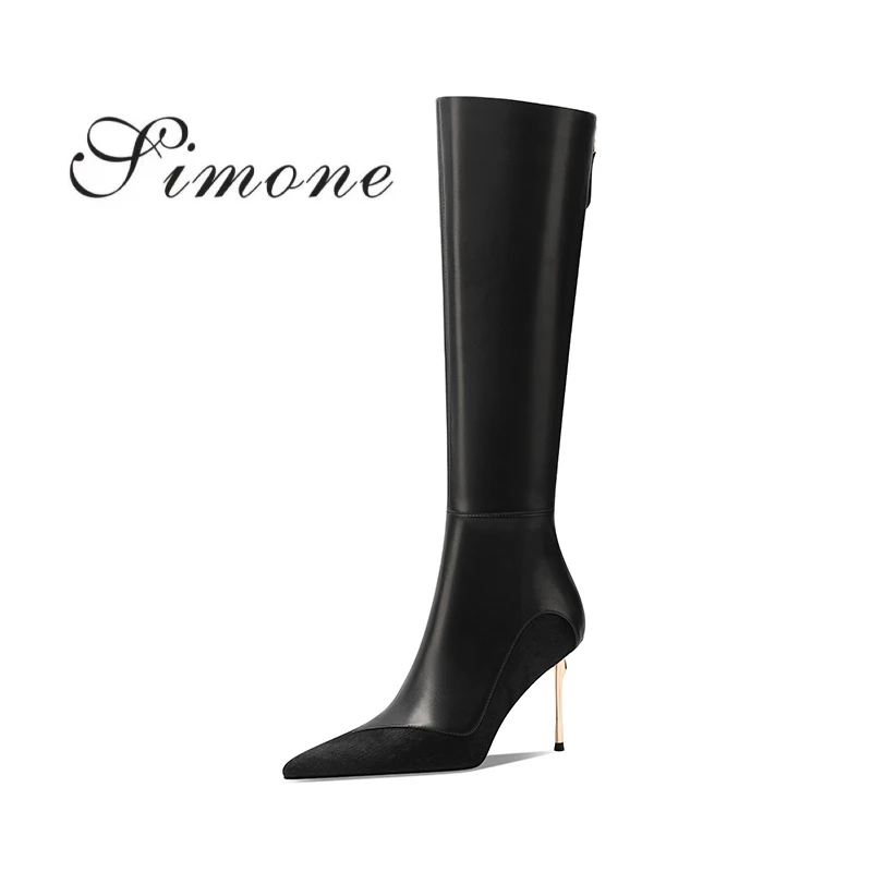 SIMONE 2024秋冬尖头马毛真皮拼接细跟高跟后拉链时尚百搭高筒靴