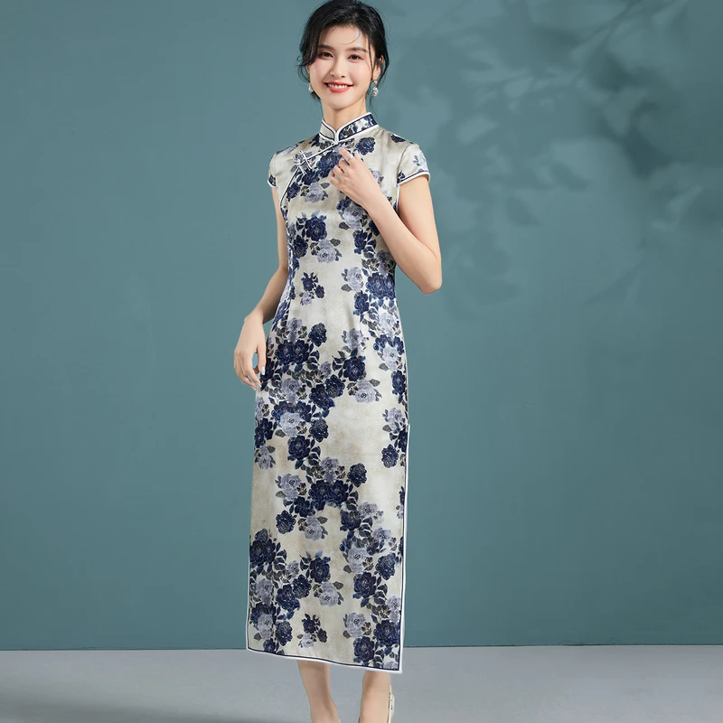 金菊【桑蚕丝立领印花连衣裙】春夏新款斜门襟女式改良旗袍W8A32081