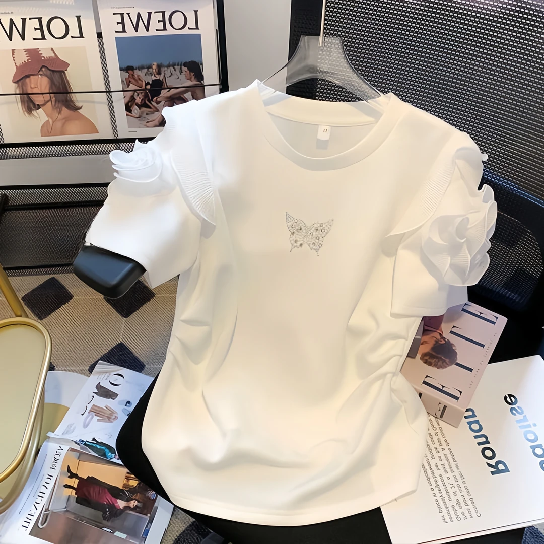 设计感蝴蝶烫钻钉珠短袖T恤女2025夏季新款时尚气质百搭显瘦上衣