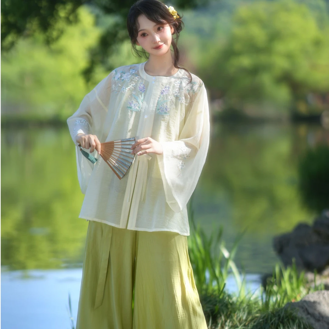 无衣饮羽【风信子】绣花提花圆领衫阔裤套装明制女2025新款