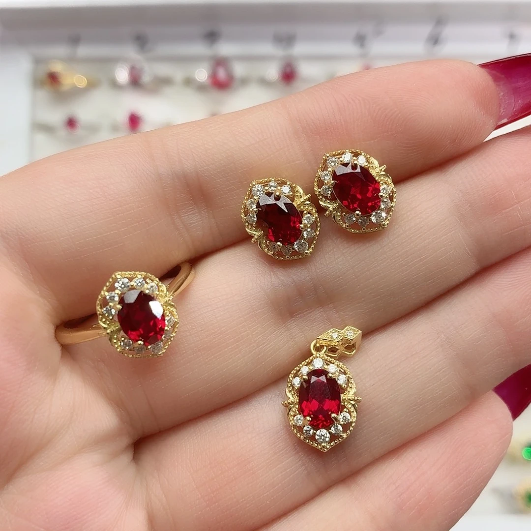 925银培育鸽血红色宝石套装