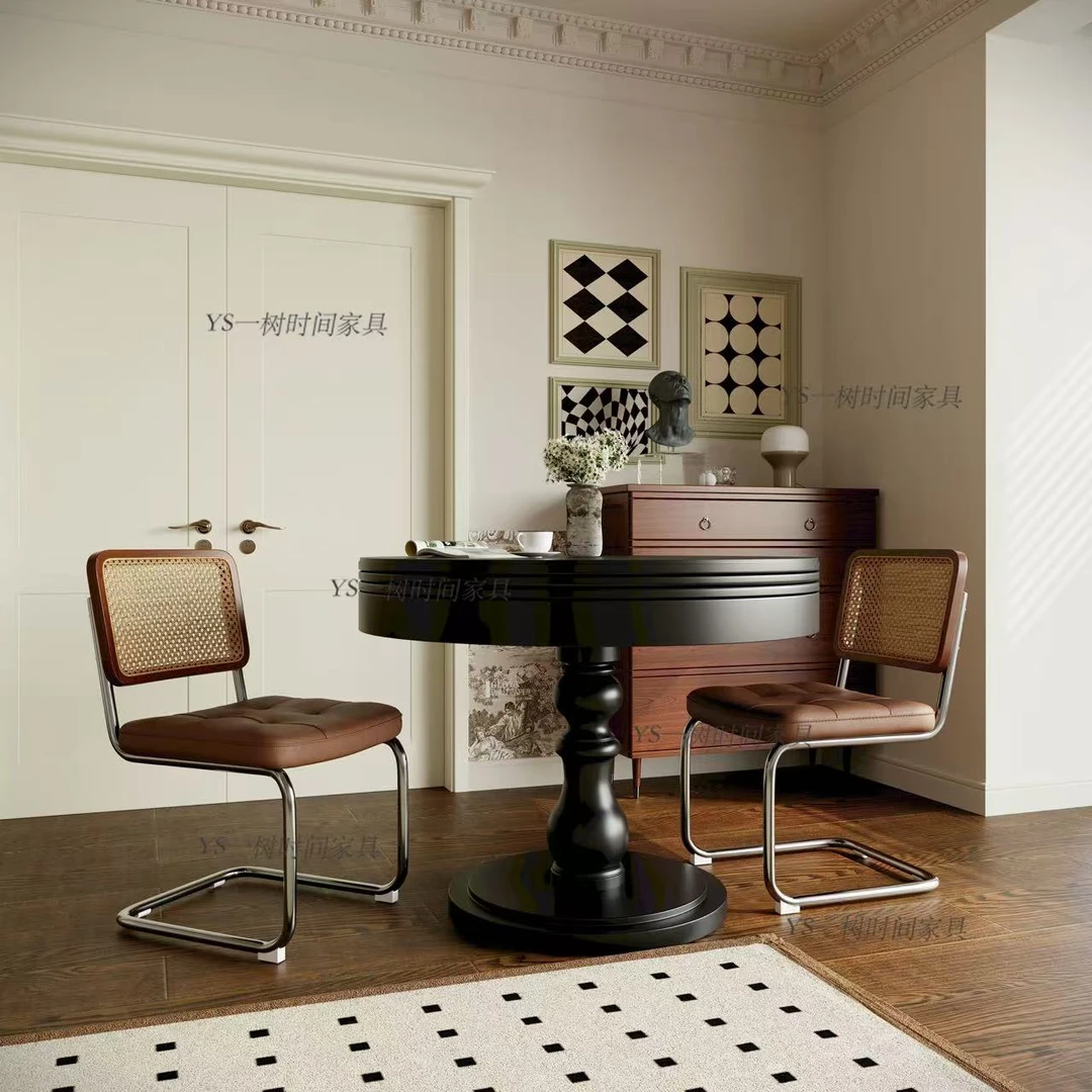 复古法式小圆桌旋转伸缩餐桌小户型简约变形餐桌实木旋转餐桌