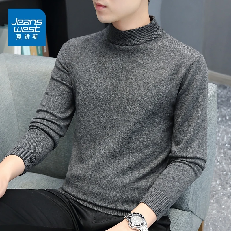 真维斯秋冬季潮流百搭半高领毛衣男加绒加厚中领内搭男针织打底衫