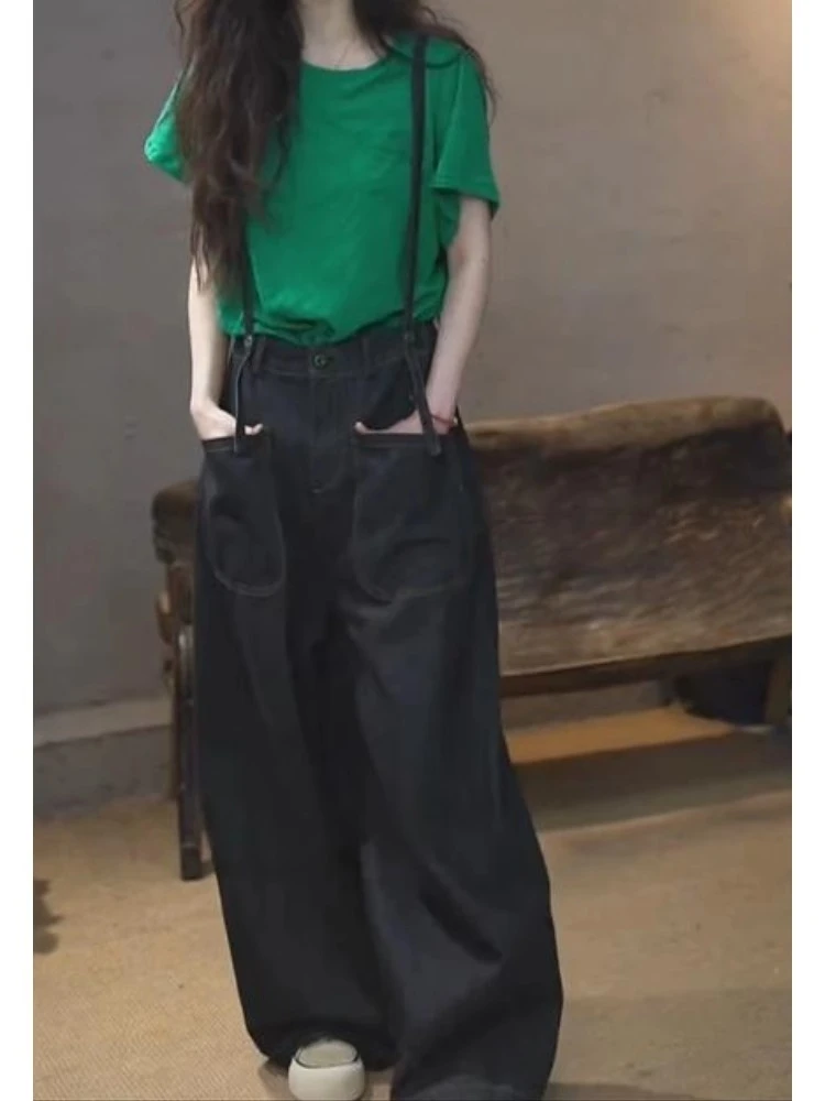 欧洲站2025夏季新款洋气百搭显瘦纯色T恤高腰减龄背带裤两件套潮