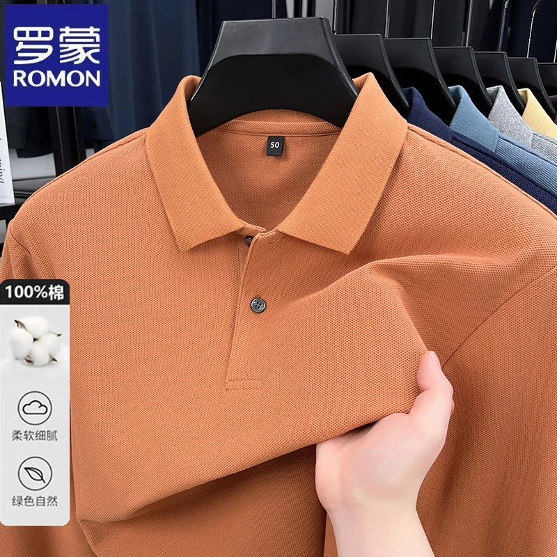 罗蒙纯色休闲100%棉男士长袖Polo衫春秋季经典丝光棉翻领宽松T恤