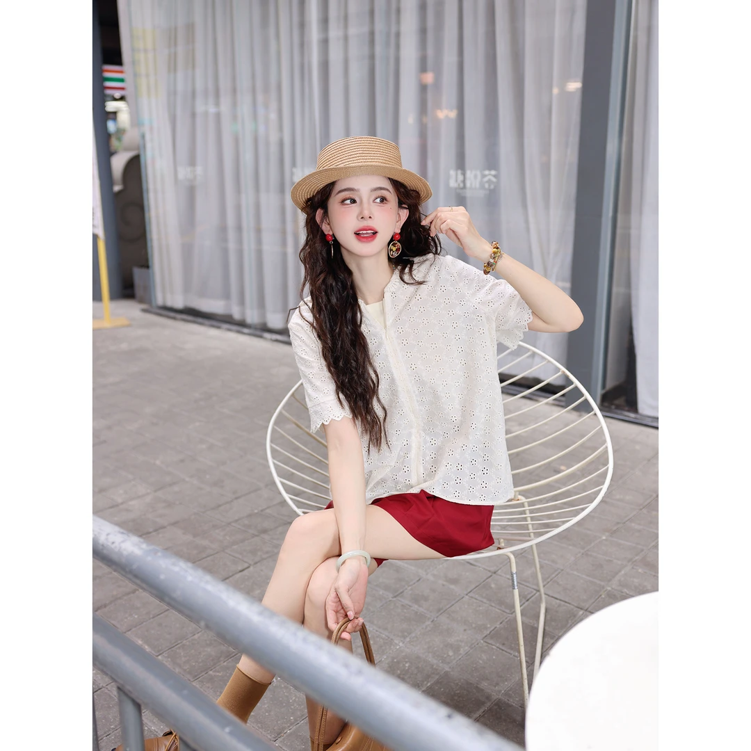 陈大器【蕾丝恋曲】复古港风夏季衬衫百搭宽松上衣JS1113247