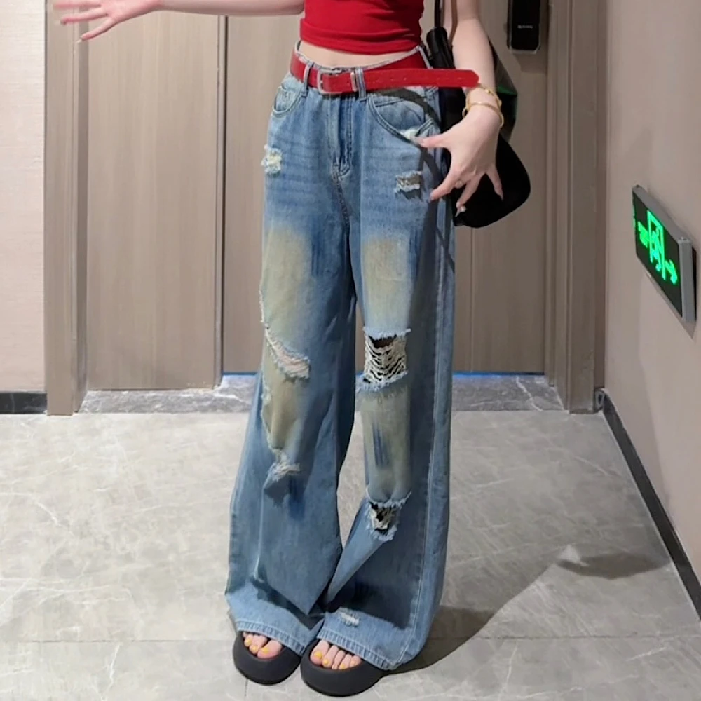 【FF-】夏季新品时尚百搭韩系高腰显瘦水洗破洞牛仔阔腿裤女