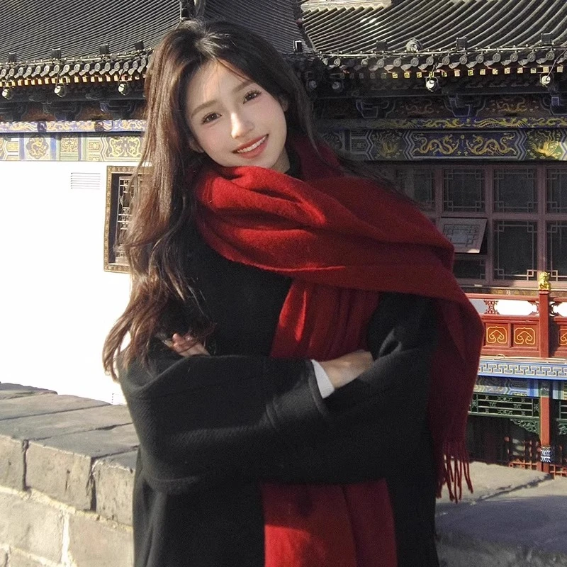 酒红色新年氛围感围巾女冬季高级感韩系本命年礼物学生情侣围脖潮