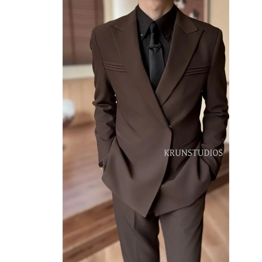 春秋潮流英伦风简约设计领百搭戗驳领西服男士修身西裤套装高级感