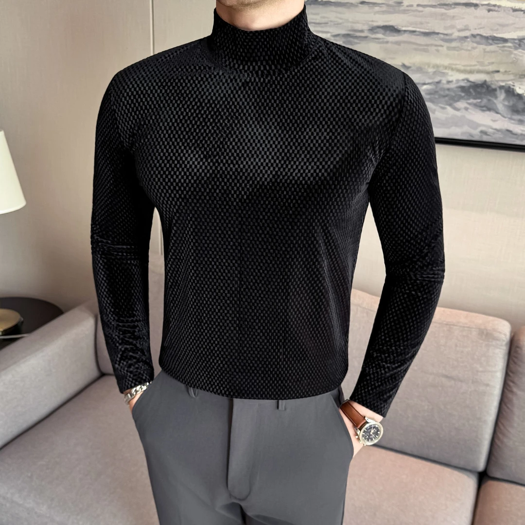 秋冬半高领华夫格丝绒打底衫男修身百搭长袖上衣时尚轻奢男装内搭