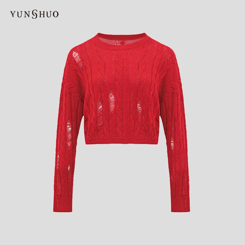 允硕新年战袍开运搭配针织衫女春季新款破洞时尚毛衫739480