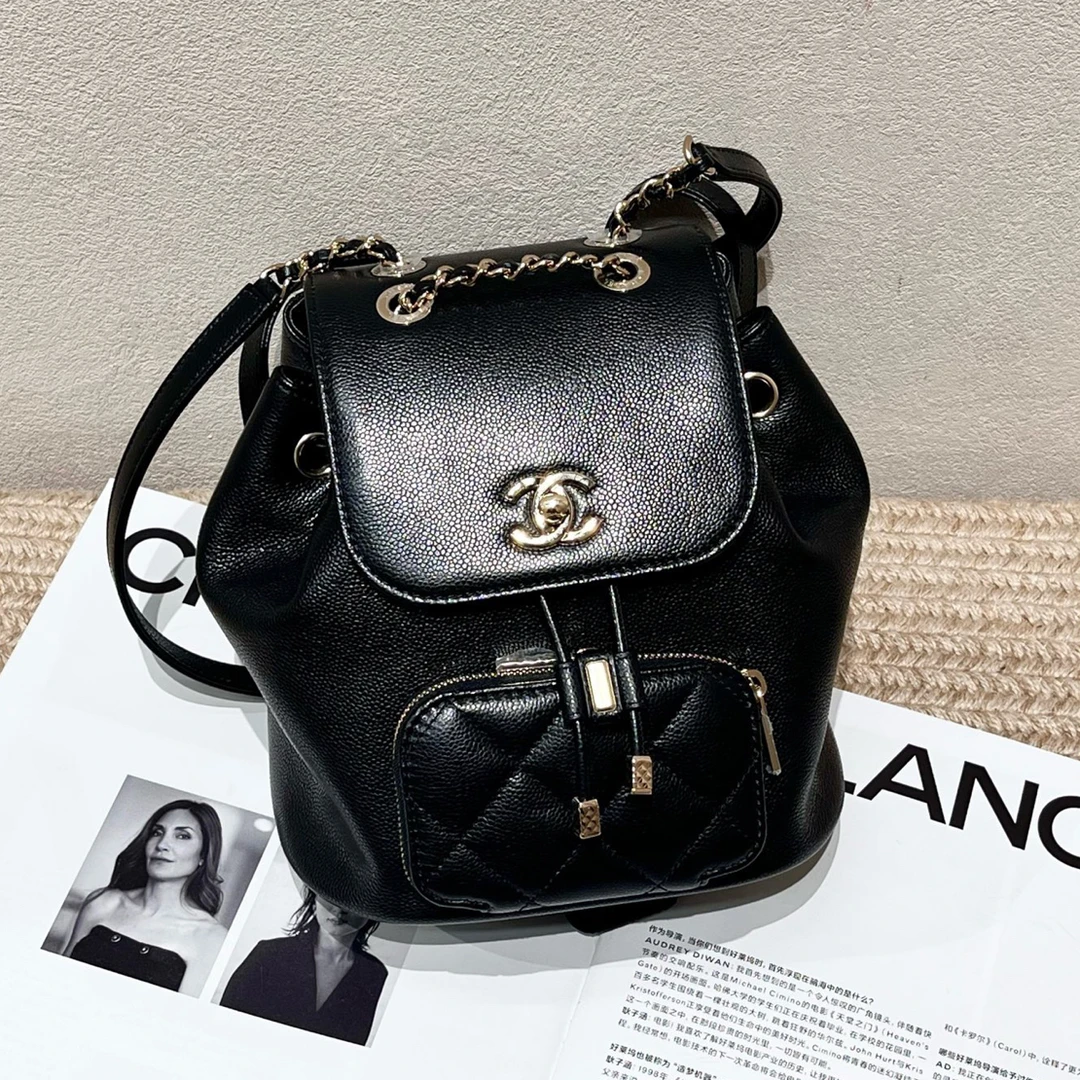 99新 Chanel/香奈儿 25B 黑金荔枝牛小号affinity双肩包