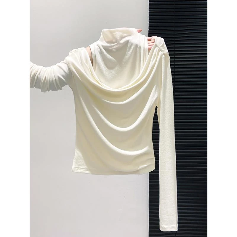 半高领白色长袖打底衫女2025秋冬新款高级设计感修身恤上衣外穿