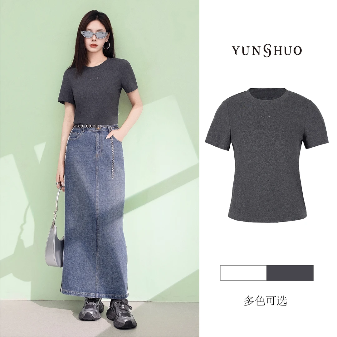 允硕夏季新品时尚圆领字母休闲短袖简约女气质纯色T恤上衣325351