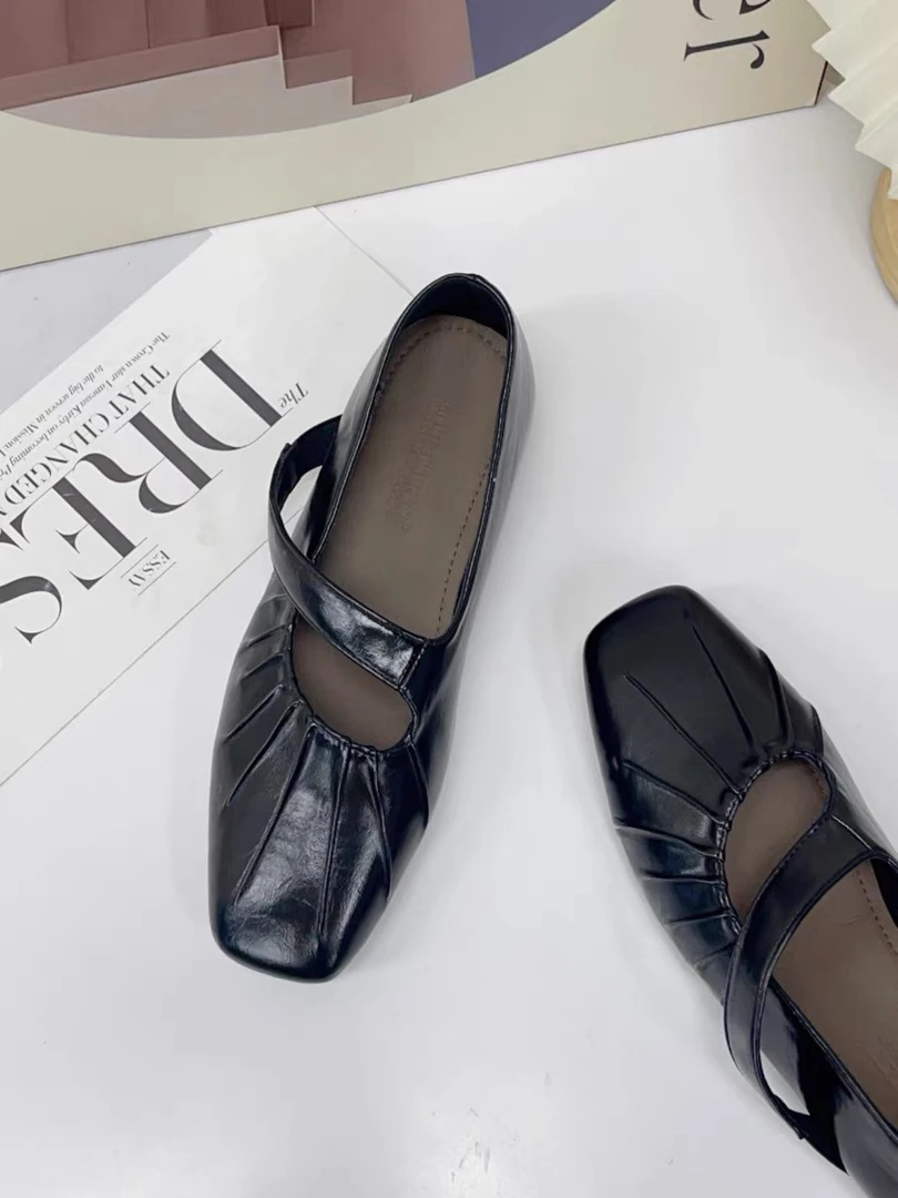 法式粗跟中跟方头单鞋女鞋浅口豆豆鞋气质平底舒适夏季包头