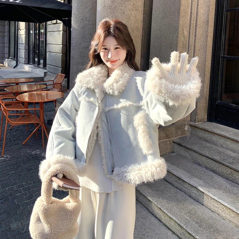 高级感富家千金皮毛一体外套女2025冬季新款短款麂皮绒羊羔毛夹克