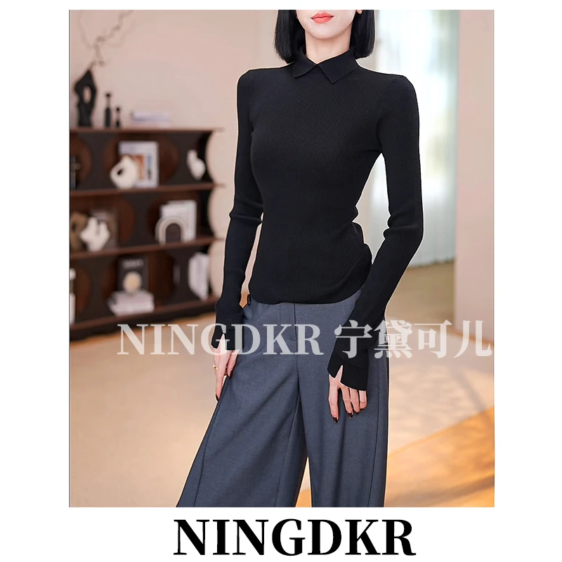 亦B10827气质显瘦简约百搭翻领针织衫女纯色高级感内搭修身上衣