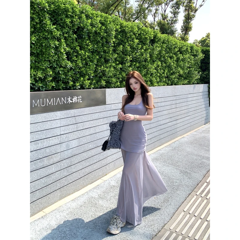 法式高级感无袖灰色吊带连衣裙子女夏季网纱拼接收腰气质背心长裙