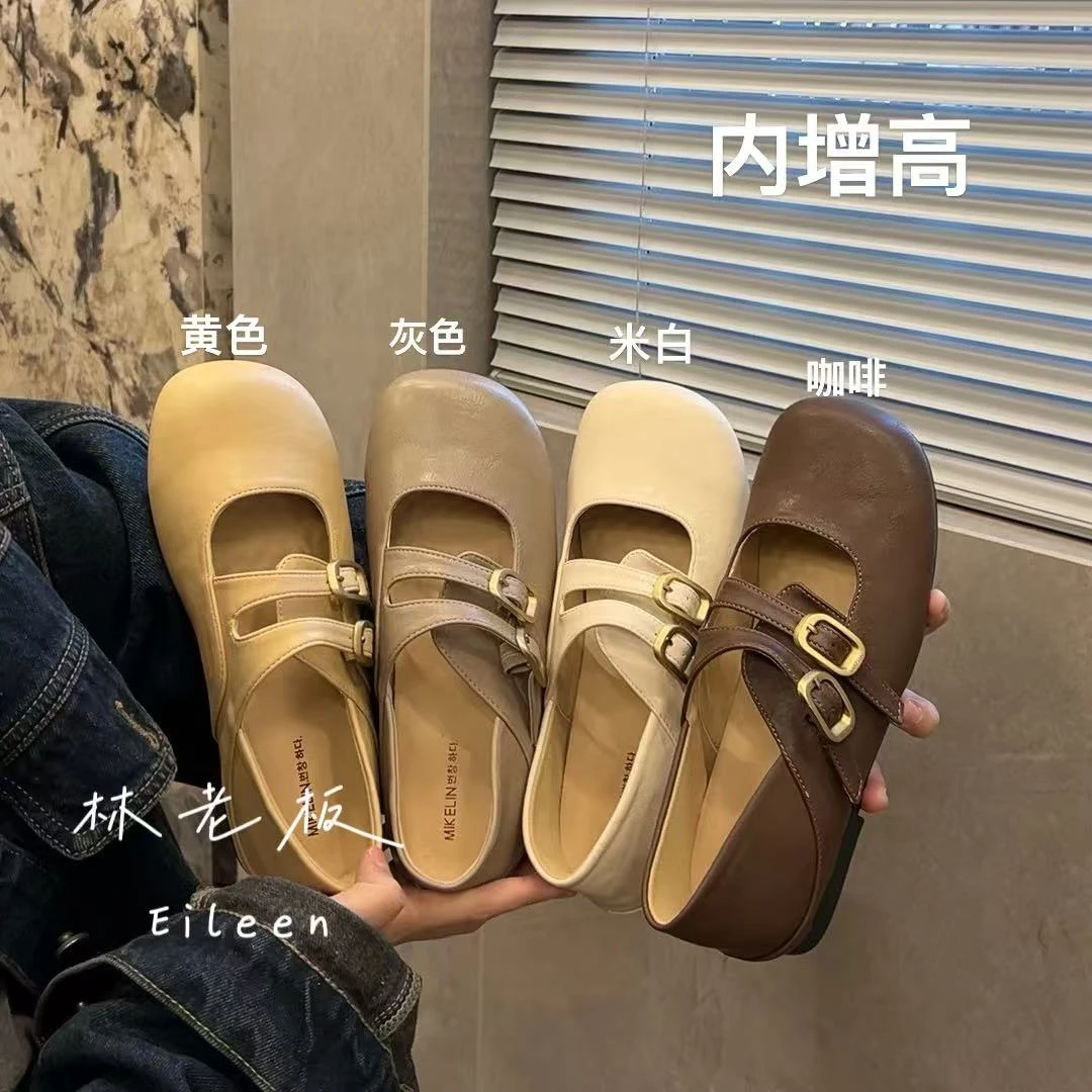 韩版双带设计隐形内增高软底复古玛丽珍女鞋浅口百搭小皮鞋