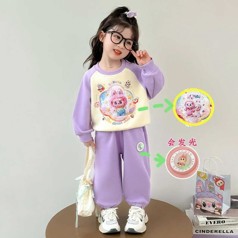 女小童亮片变脸拉布布亮灯卫衣套装儿童春秋季变色发光闪灯两件套