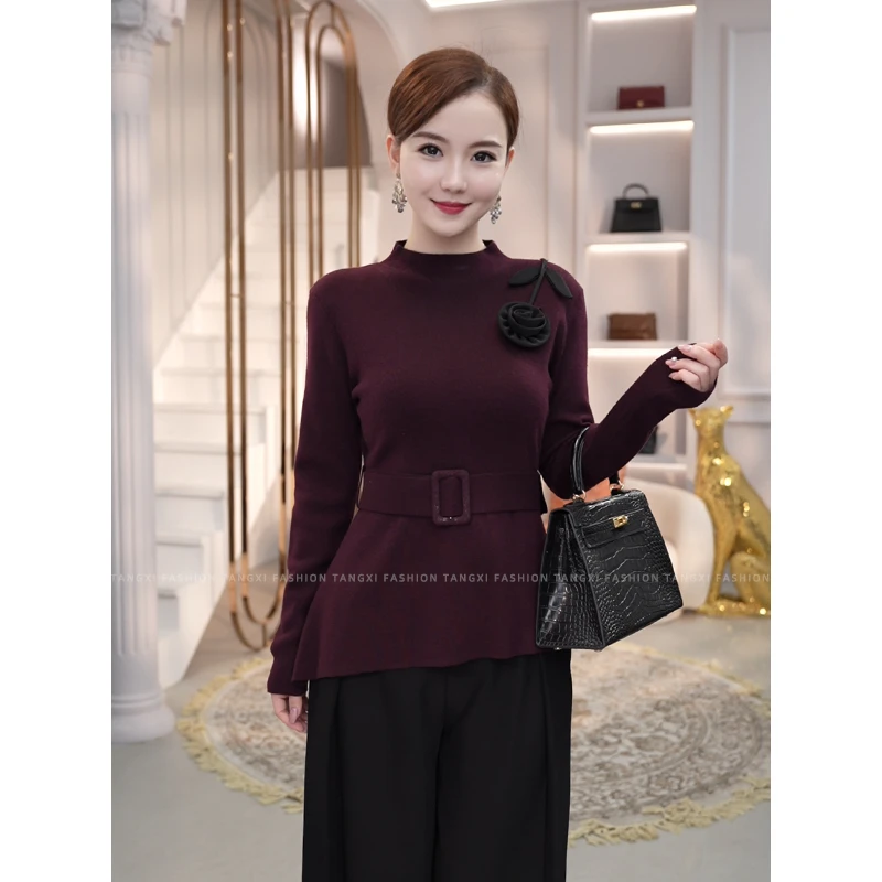 2025秋冬季新款【8450】含绵羊毛配腰带显瘦修身紫红色针织衫毛衣女