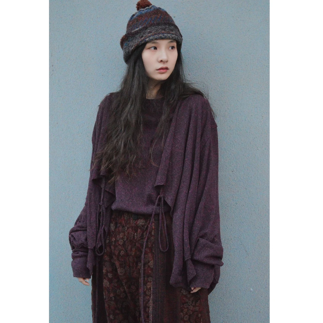 涟香家左岸迷香圆机针织外套4012系带宽松圆领秋冬休闲百搭复古