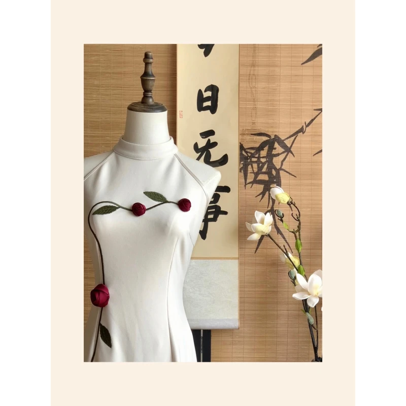 【白玫瑰】新中式白色改良旗袍日常气质收腰无袖挖肩国风连衣裙夏