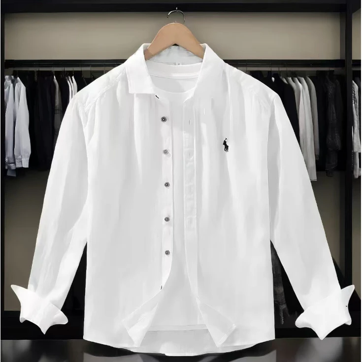 100%亚麻夏季高级感轻奢刺绣白色衬衫男士休闲百搭时尚商务上衣