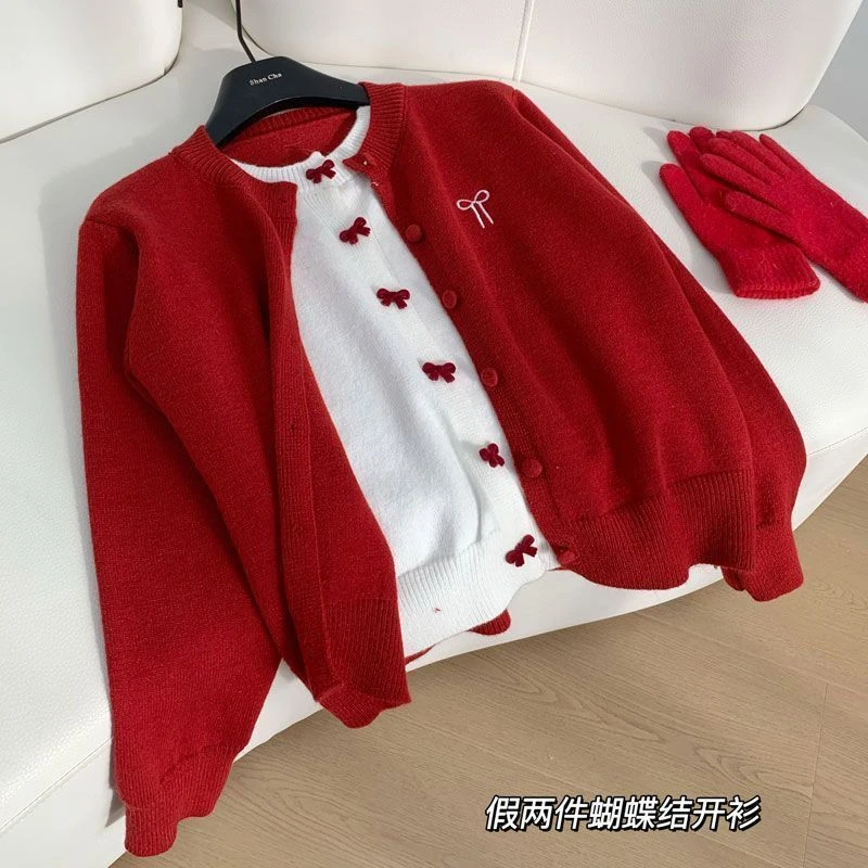 过年秋冬喜庆拜年服女孩假两件毛衣新款儿童蝴蝶结针织开衫上衣潮