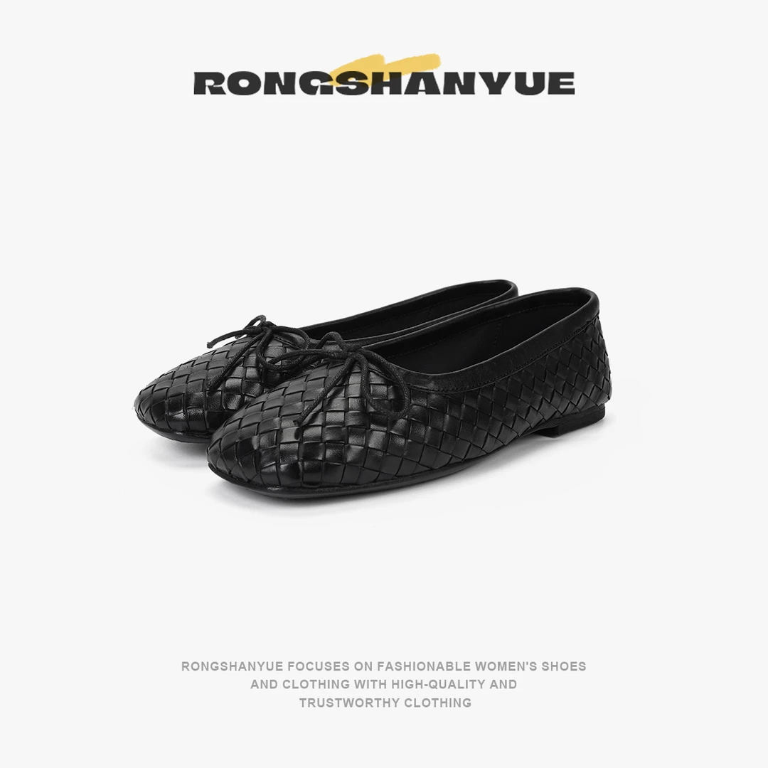 Rongshanyue法式蝴蝶结编织牛皮一脚蹬休闲平底浅口单鞋女B1291