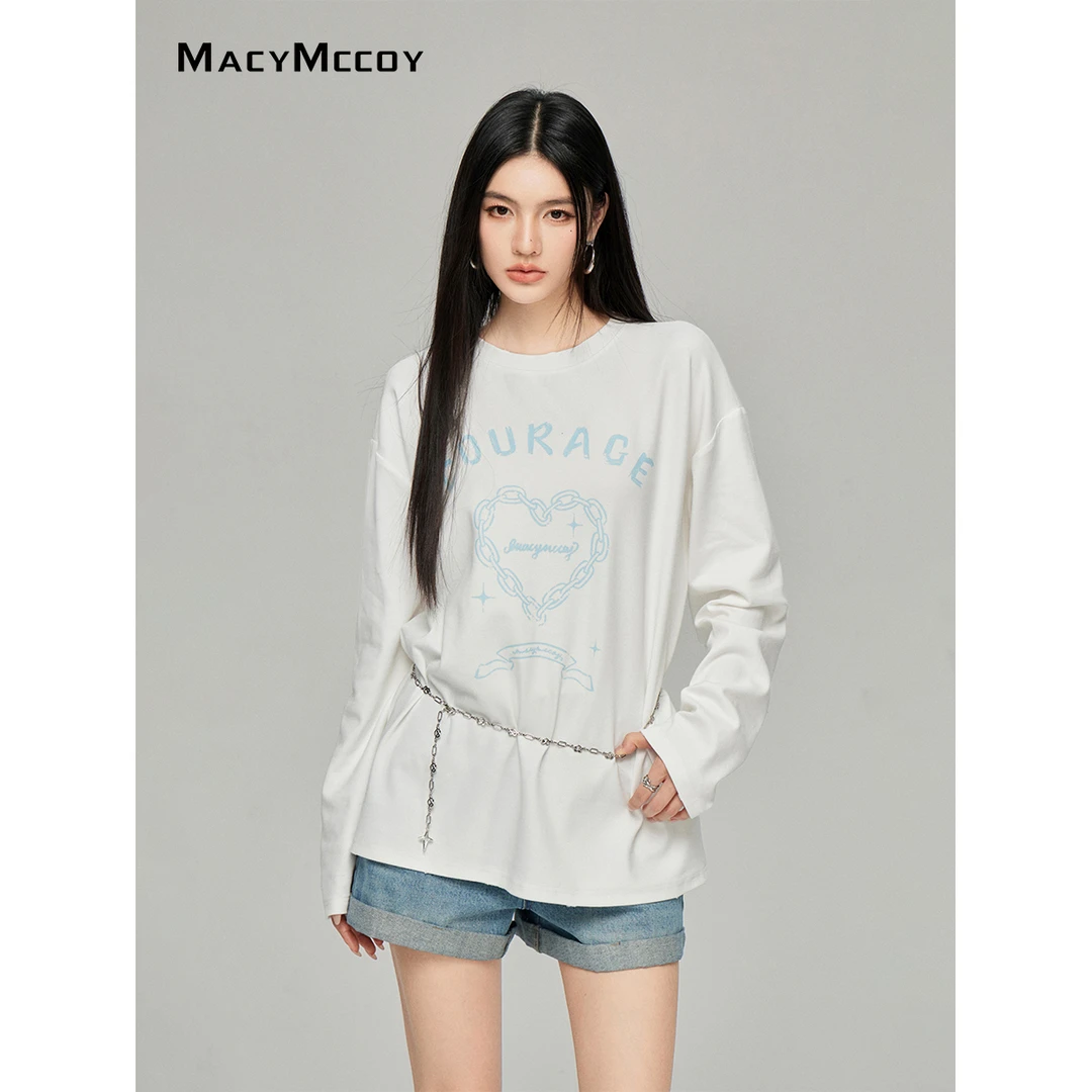 MacyMccoy链条字母长袖T恤女2025春季新品遮肉显瘦设计感百搭上衣