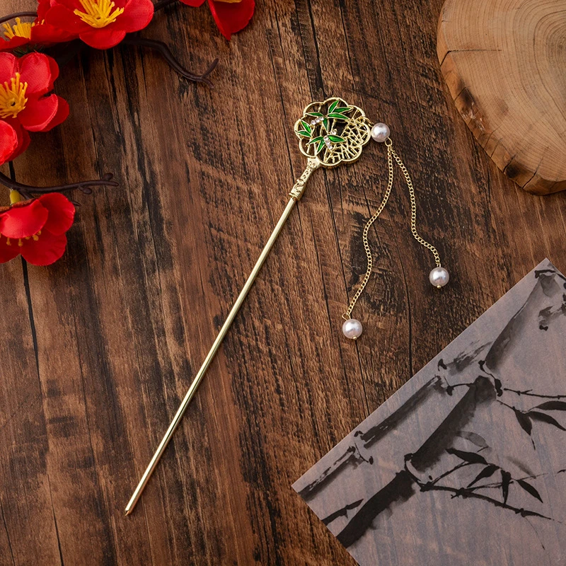 新中式盘发发簪汉服流苏旗袍簪子长款复古珍珠步摇发钗古风竹叶