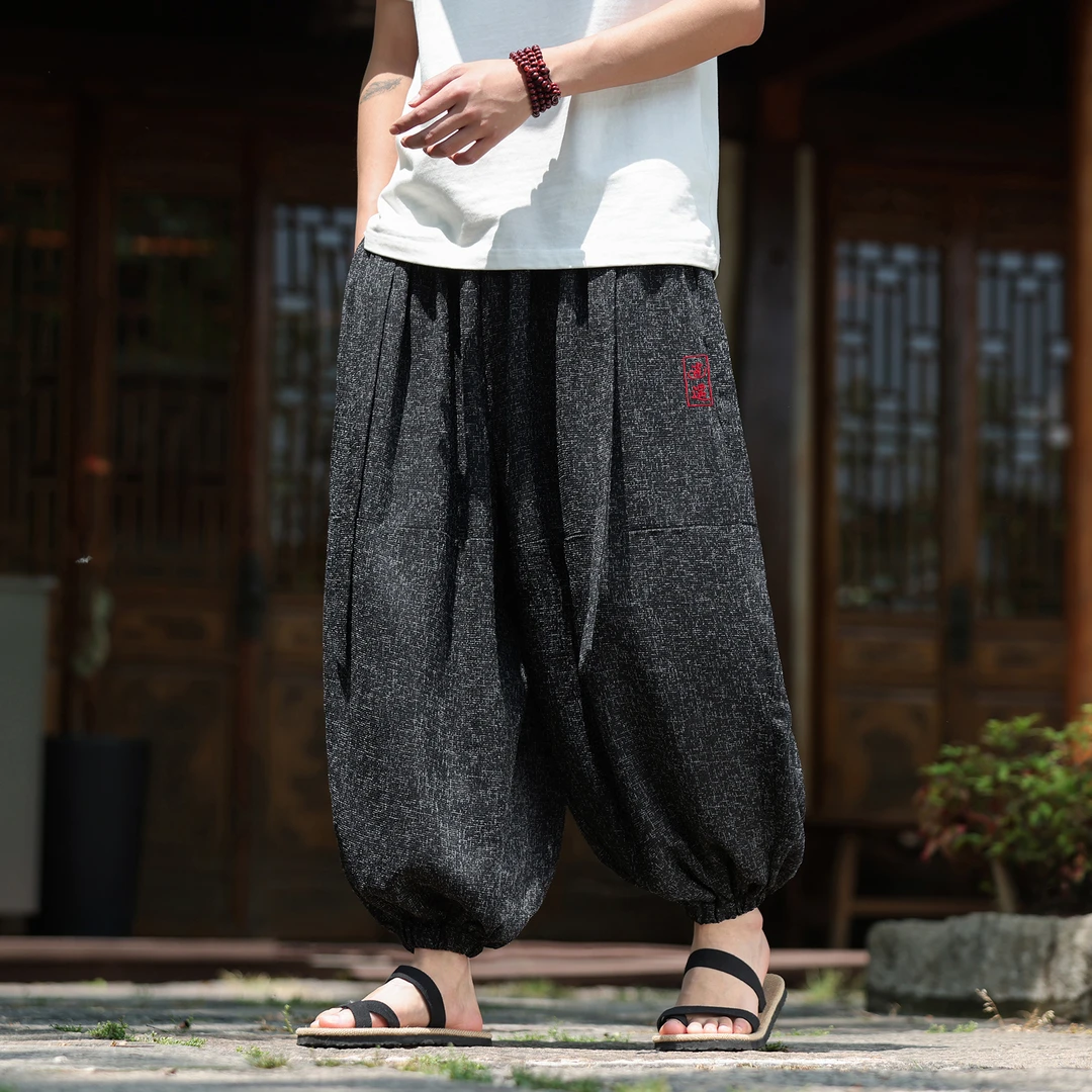 国潮暗黑系痞帅冰丝裤子男中国风刺绣灯笼哈伦裤宽松垂坠感阔腿裤