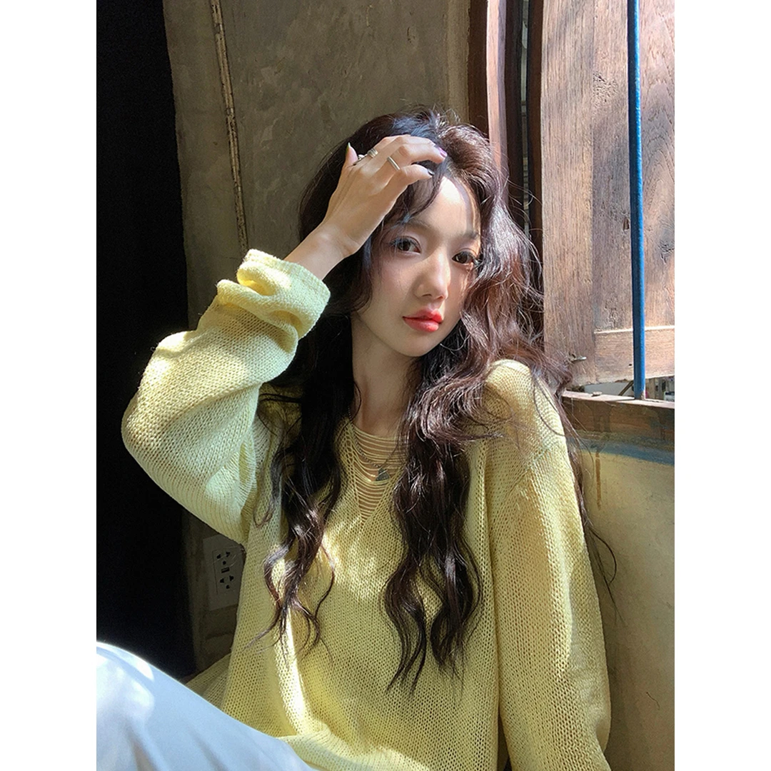 莱赛尔天丝亚麻混纺肌理感大V领微镂空针织防晒罩衫春夏2025新款