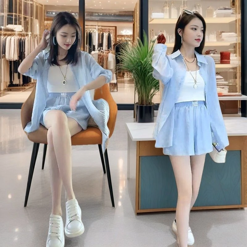 律动尤莱特长袖防晒衫夏季休闲小香风显瘦薄款大码衬衫短裤三件套